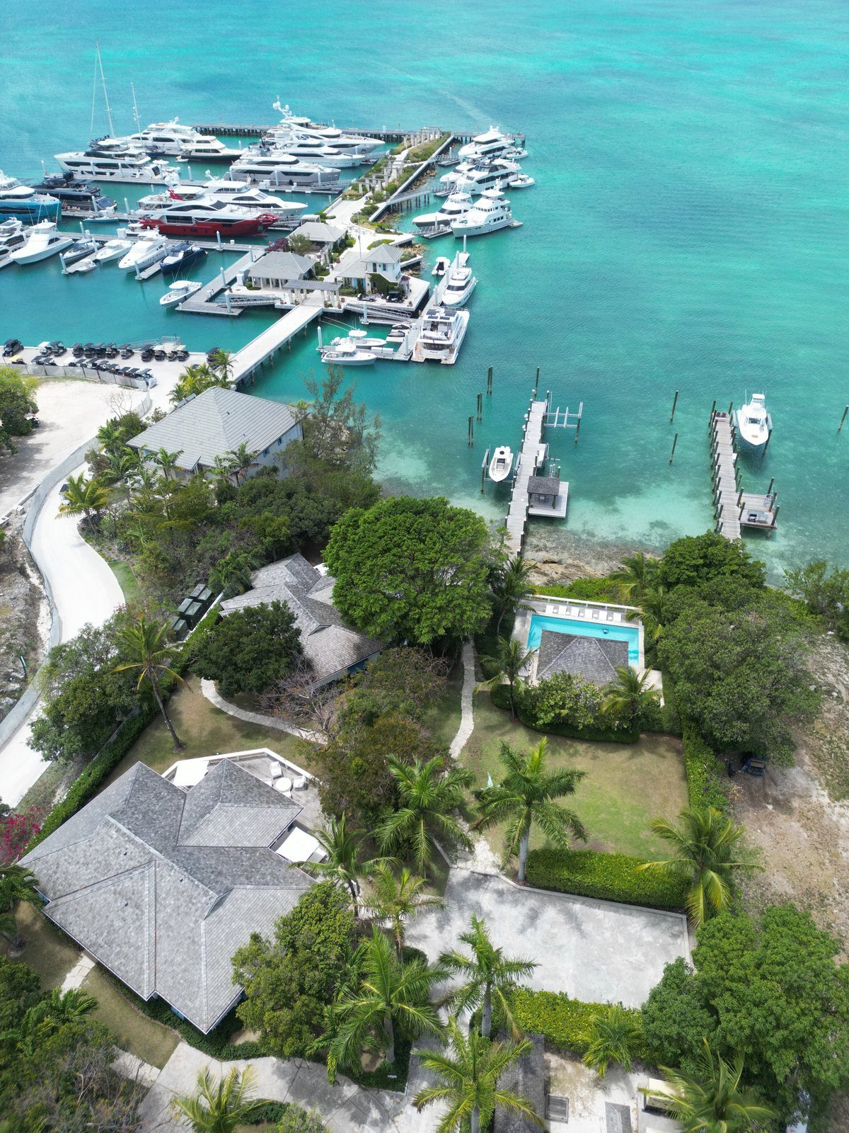 Aerial view of the dock and turquoise water at Harbour View