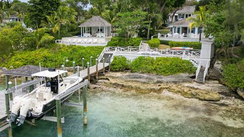 Aerial view of the dock and shoreline