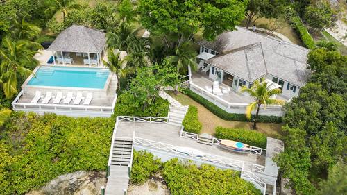 Aerial view of the pool deck and gardens