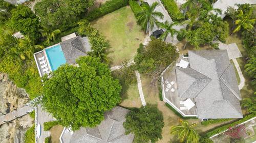 Aerial view of the pool and surrounding gardens