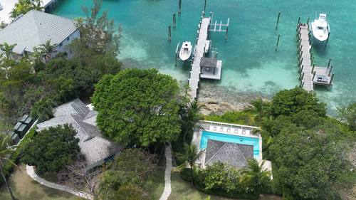 Aerial view of the dock and cottages